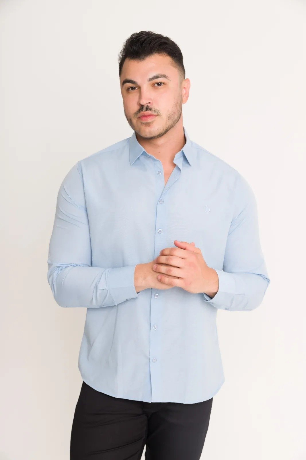 Camisa Social Slim Masculina Olimpo Lisa Manga Longa Azul Claro