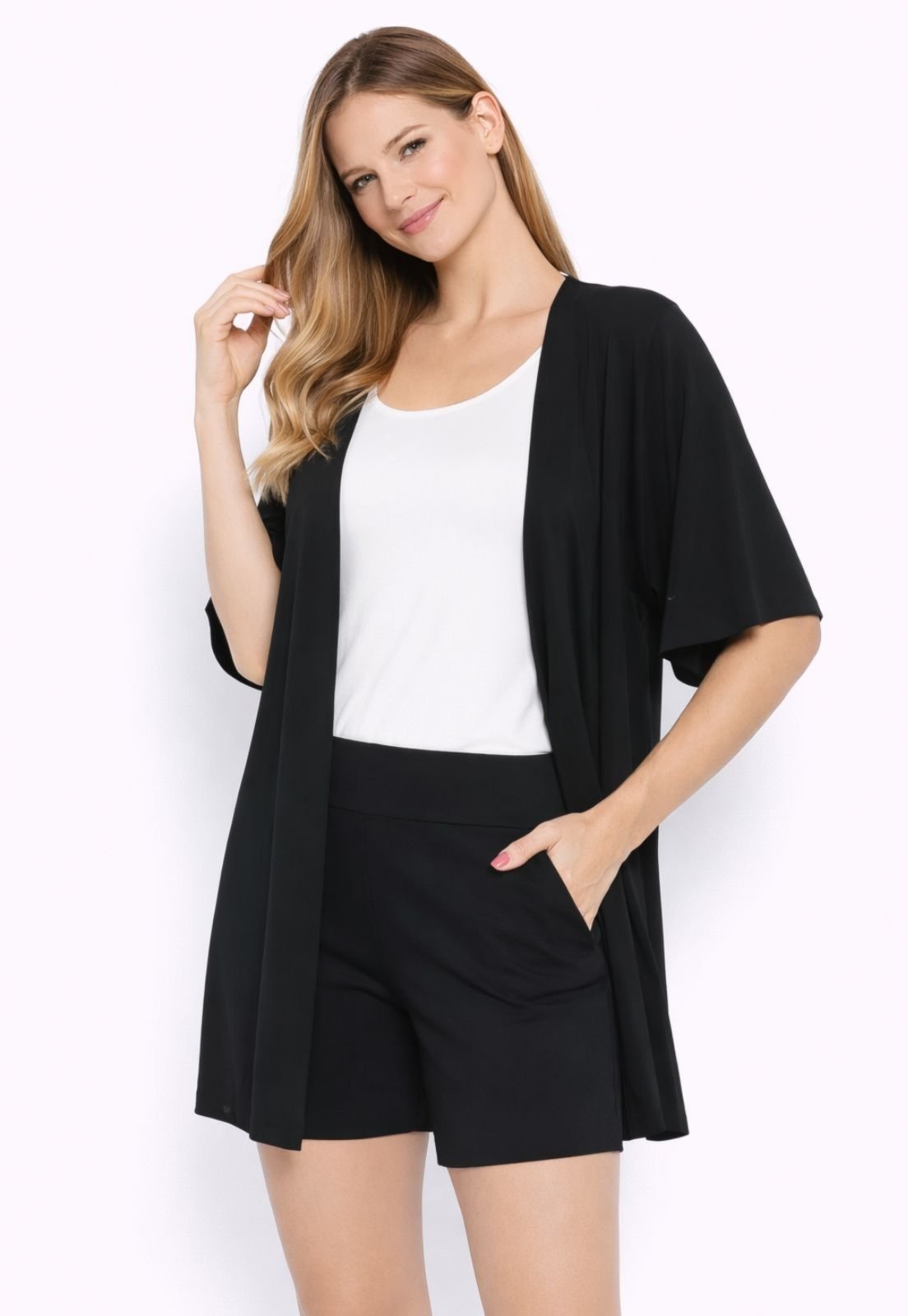 Conjunto Maria Paes Short, Kimono e Regata Preto e Off White