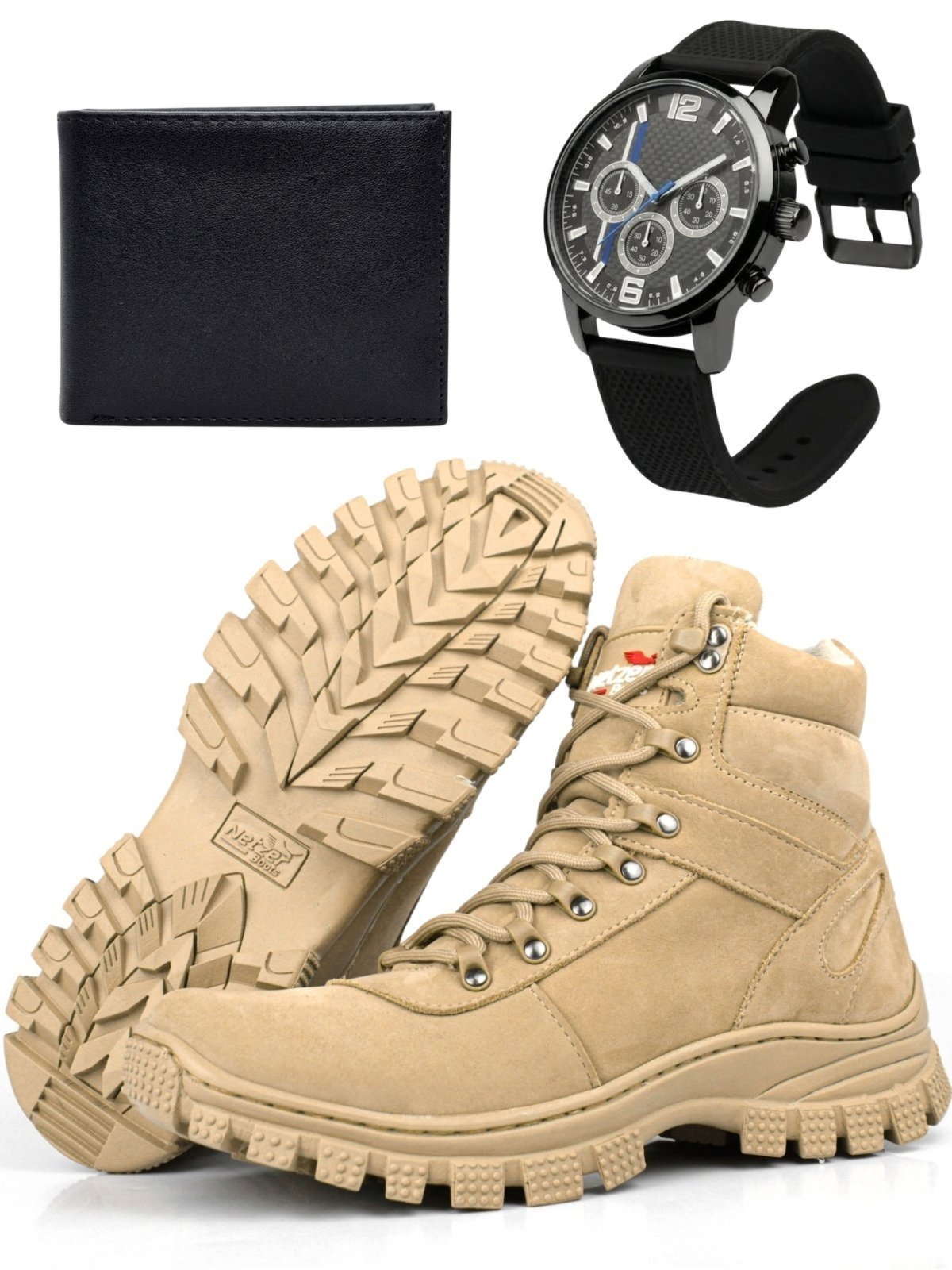 Kit Bota Masculina Coturno Cano Alto Em Camurça Solado Tratorado Carteira + Relógio Bege