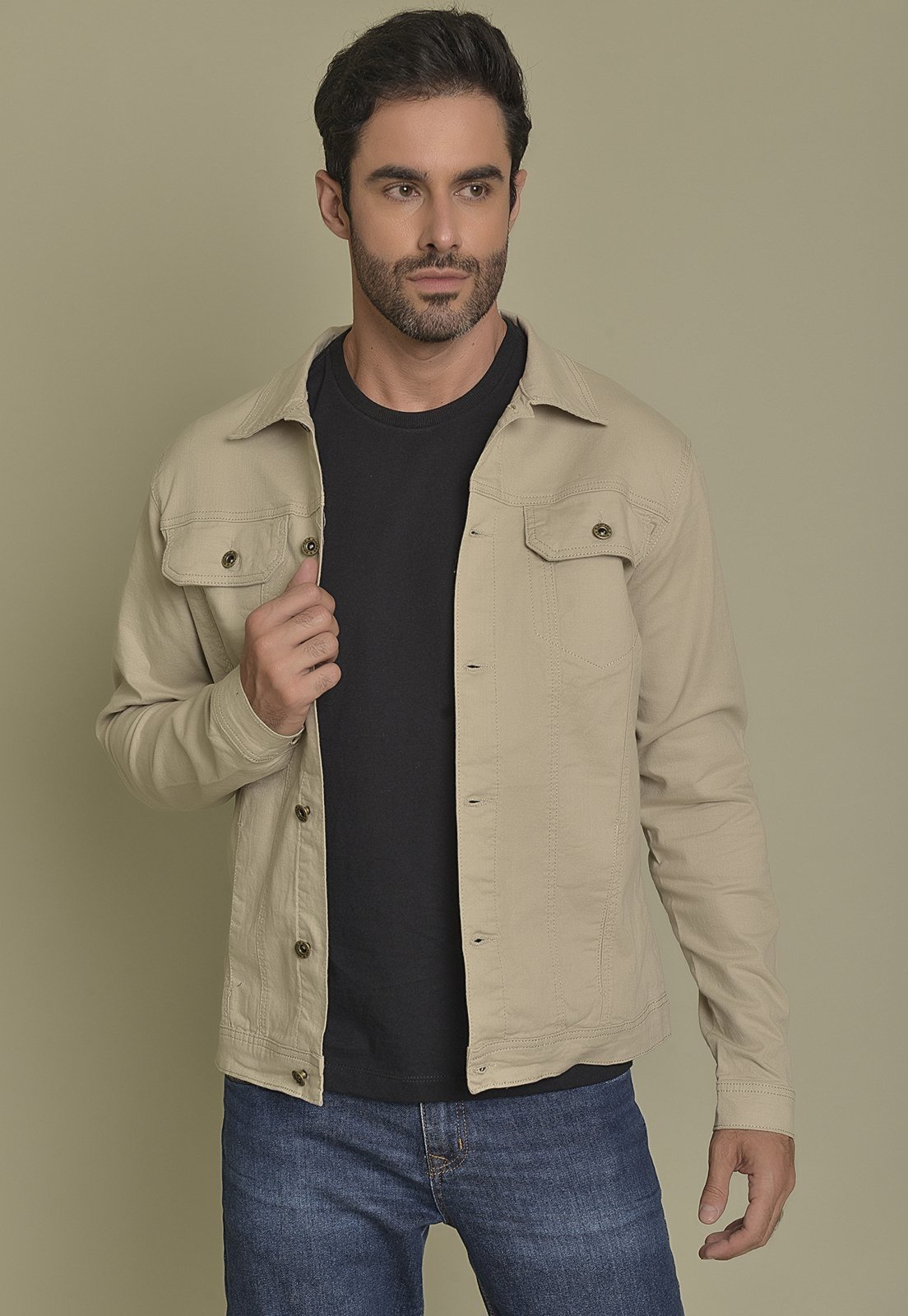 Vista 2 Jaqueta Sarja Tradicional na Cor Areia Dialogo jeans Masculino bege Dialogo Jeans bege