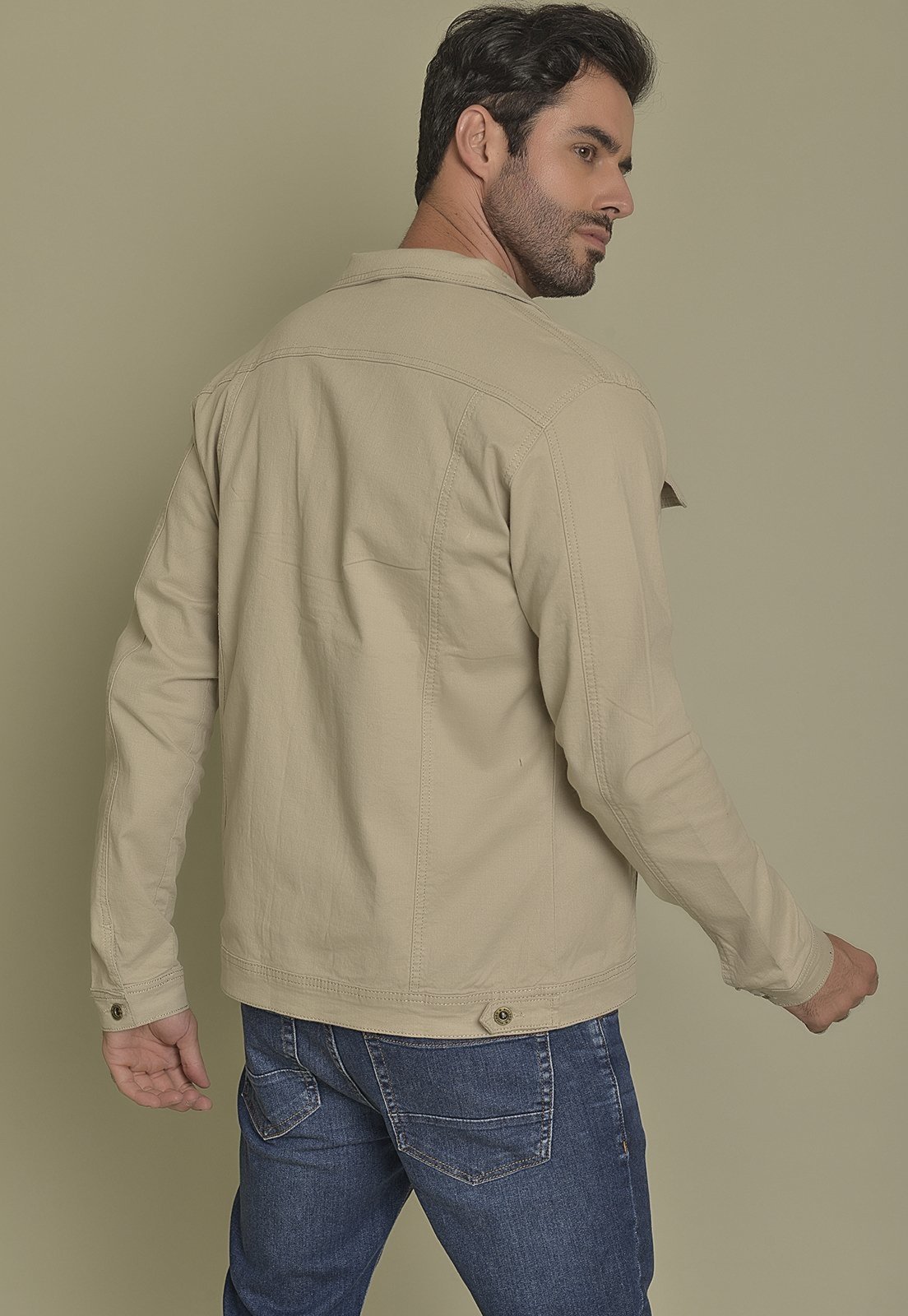 Vista 3 Jaqueta Sarja Tradicional na Cor Areia Dialogo jeans Masculino bege Dialogo Jeans bege