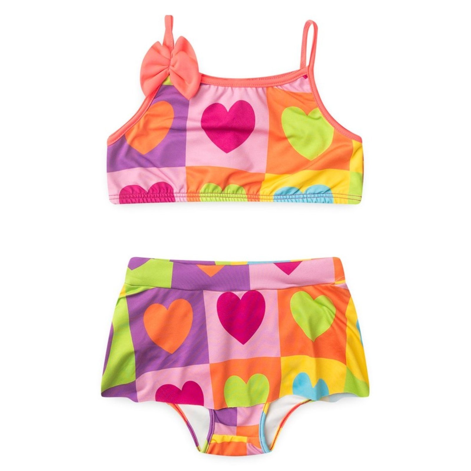 Conjunto Biquíni Menina Pink Top Alcinha com Laço e Calcinha Saia Corações