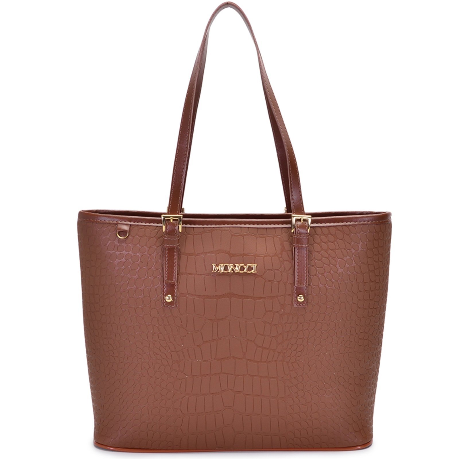 Bolsa Feminina Moncci Grande Ombro Forrada Fivela Roma Croco Caramelo