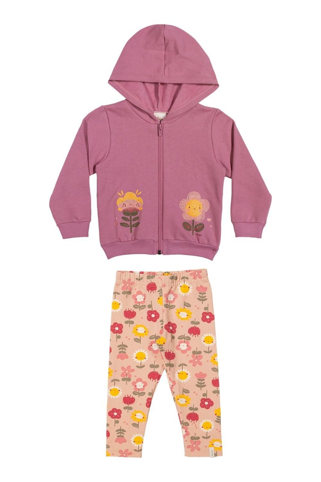Infantil - Conjunto Menina Com Capuz Flores Elian Rosa