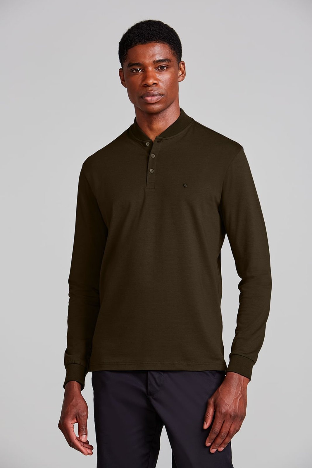 HIGHSTIL Camisa Polo Manga Longa Malha Slim Fit - Verde Azeitona