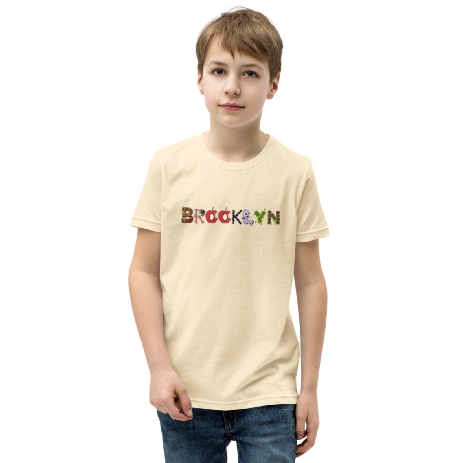 Infantil - Camiseta Blusa Manga Curta Urbania Algodão bege claro off estampa brooklyn colorido