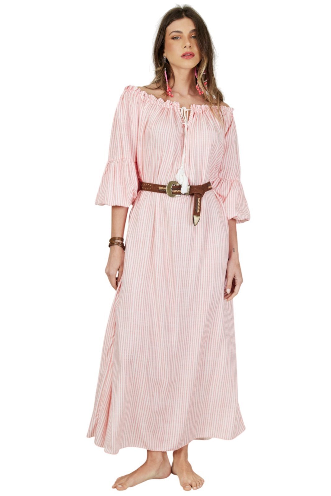 Vestido Midi Ciganinha Com Cordão Rosa Listrado Yacamim D22 – Listrado