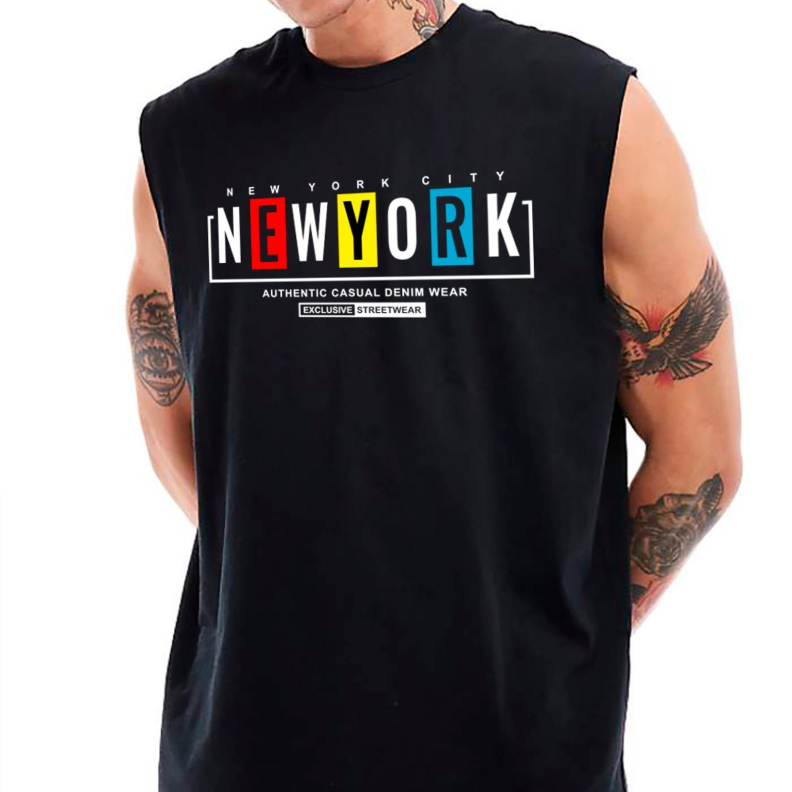 Camiseta Regata Machão Ousy New York City Colorida Oversized Masculina Preto