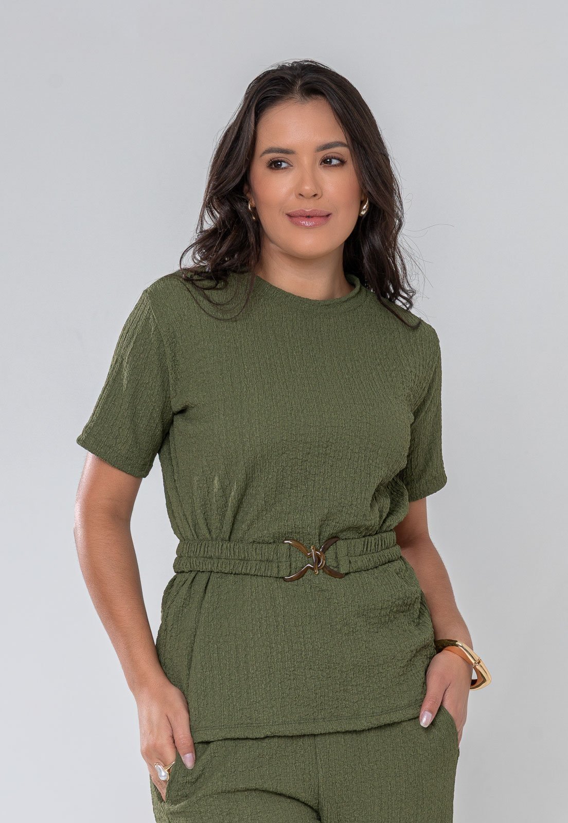 Camiseta Aura Anne Malha Crepe Cinto Verde