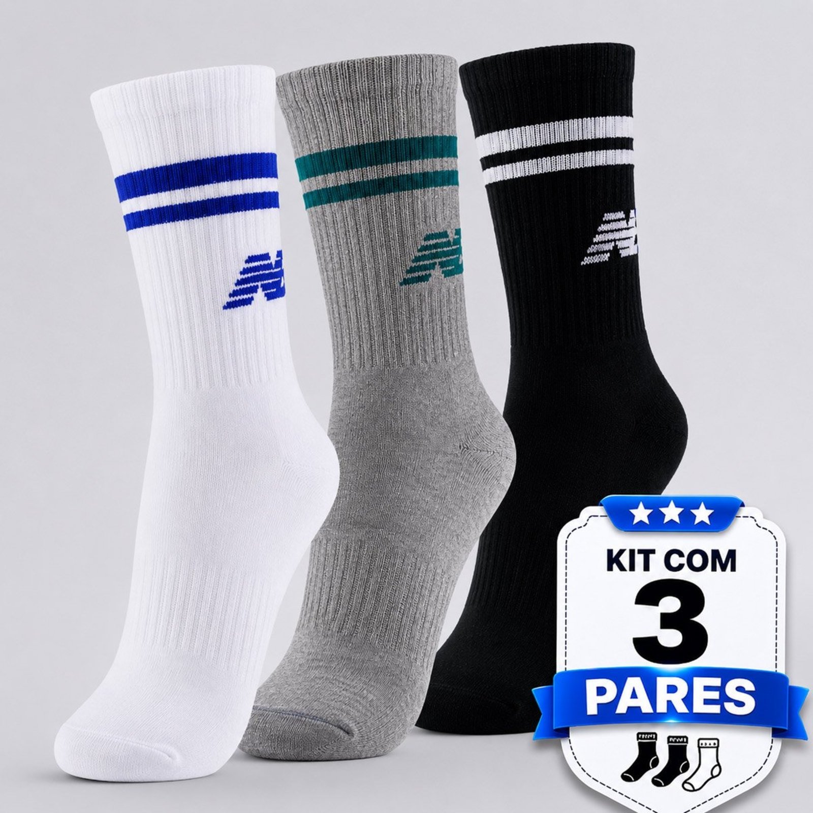 Kit Meia New Balance Cano Alto 3 Pares Feminina Branca Cinza e Preta