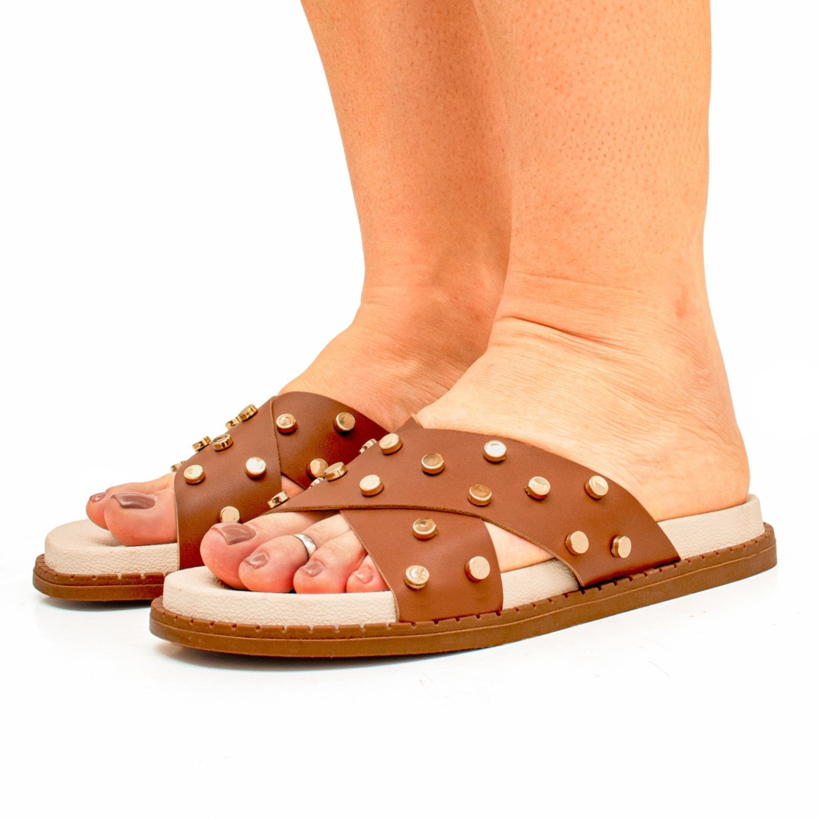 Sandália Papete Flatform Rasteirinha Metalizado Brilho Enfeite Metal Caramelo