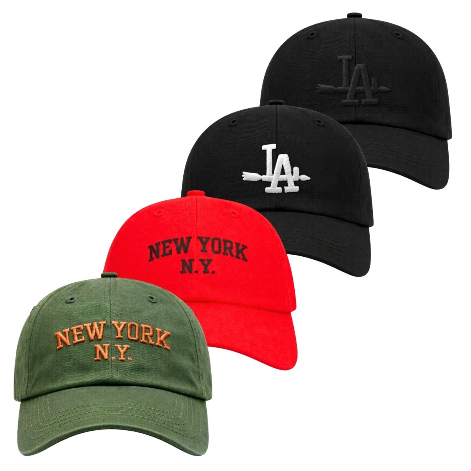 Kit 4 Bonés Bordado Aba Curva com Ajuste Relaxado Moderno NY LA Bordado