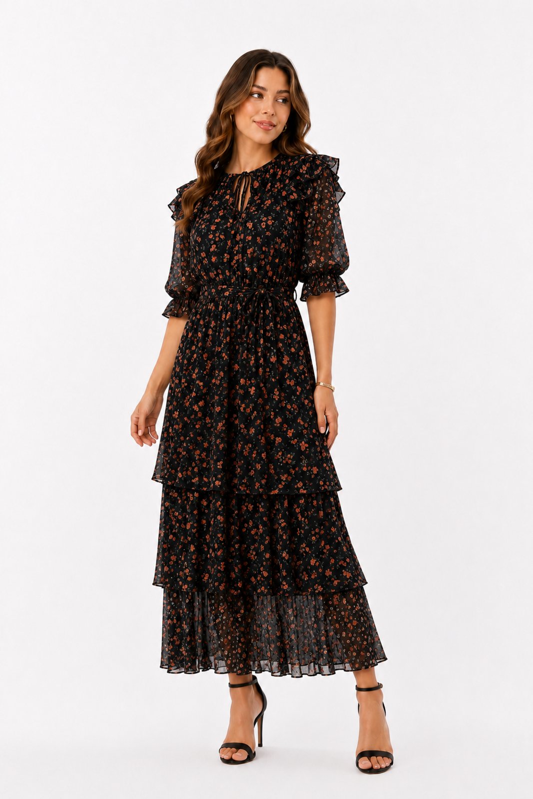 Vestido Midi D Bell Outlet Fashion Chiffon Estampado Babados Preto