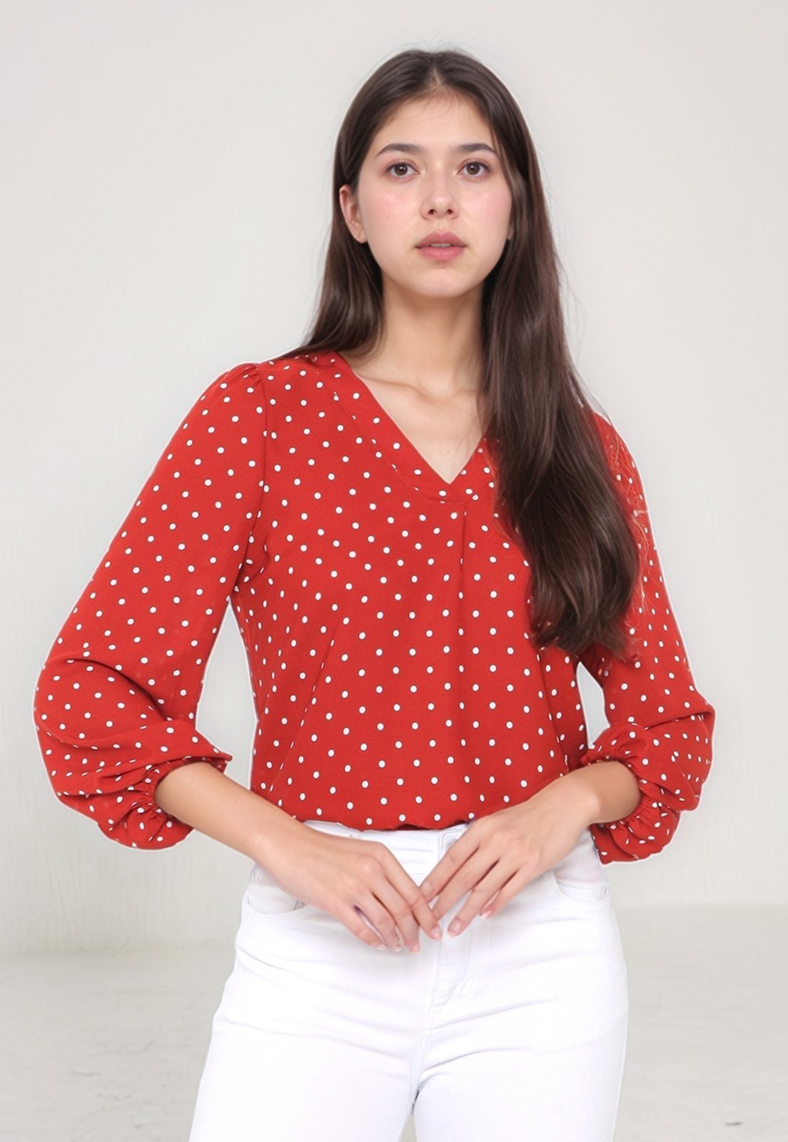 Blusa Intens Manga Longa Crepe Vermelho Poá