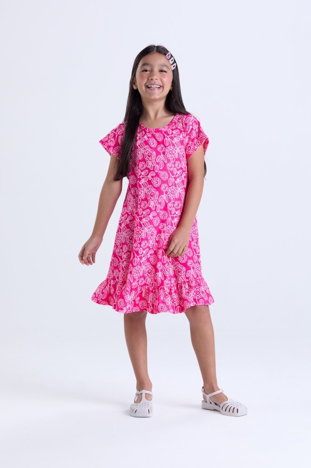 Vista 2 Infantil - Vestido Menina Estampa de Flores e Babados VIDA COSTEIRA rosa