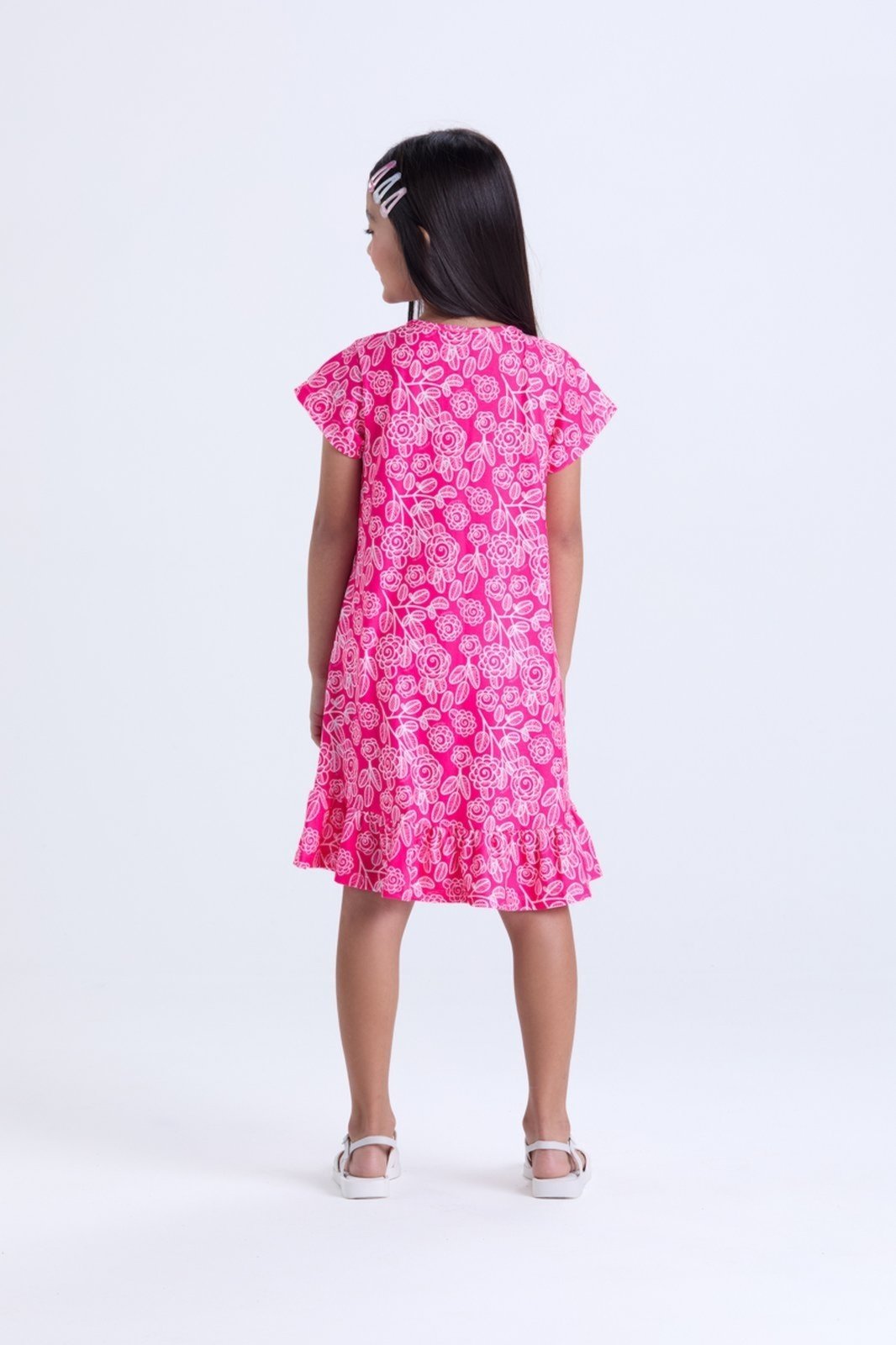 Vista 3 Infantil - Vestido Menina Estampa de Flores e Babados VIDA COSTEIRA rosa