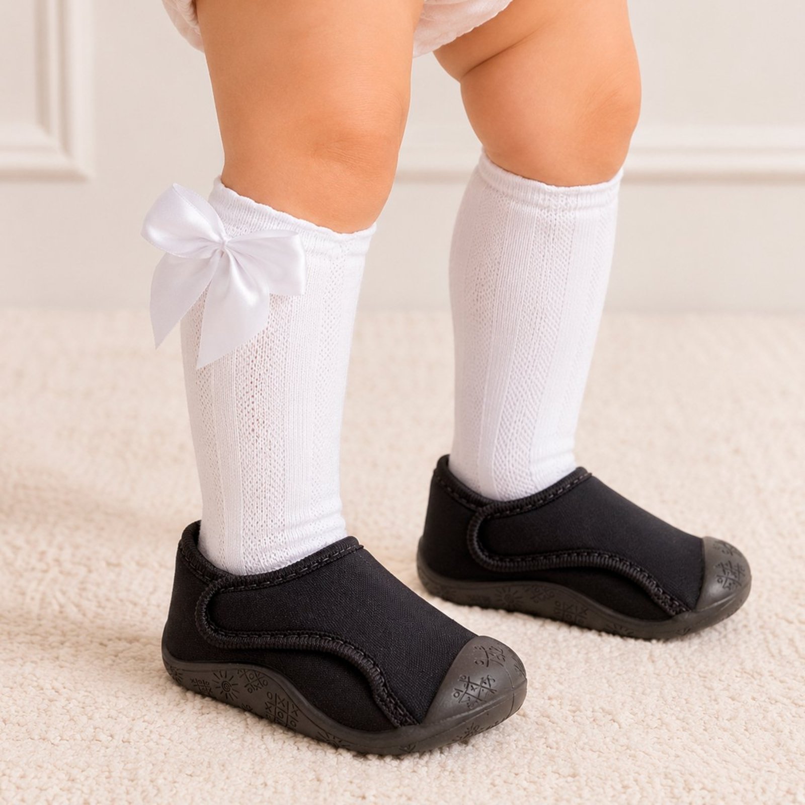 Infantil - Kit Sapatinho Preto de com Bico Protetor dos Dedos e Meia Branca Laço Cetim Pepite