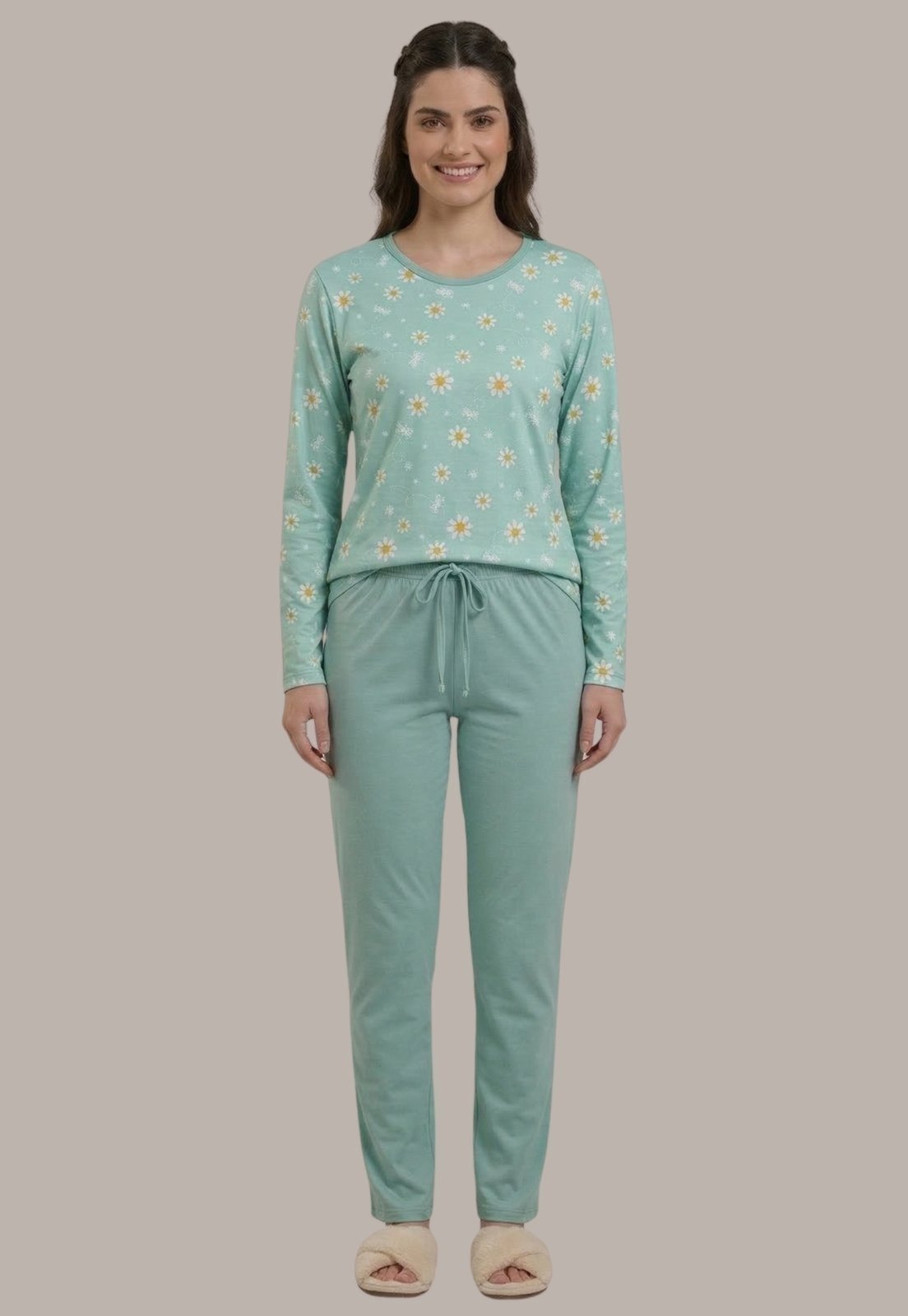 Pijama Feminino Serra e Mar Modas Calça Longa e Blusa Manga Longa Verde