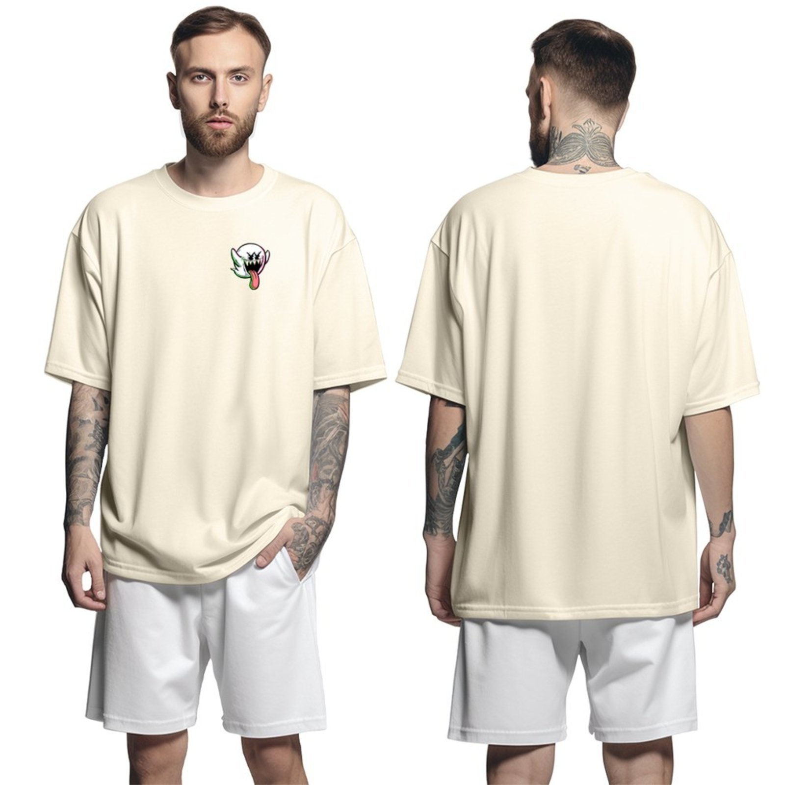 Camisa Camiseta Oversized Streetwar Genuine Grit Masculina Larga 100% Algodão 30.1 Mario Ghost Boo – Bege – P