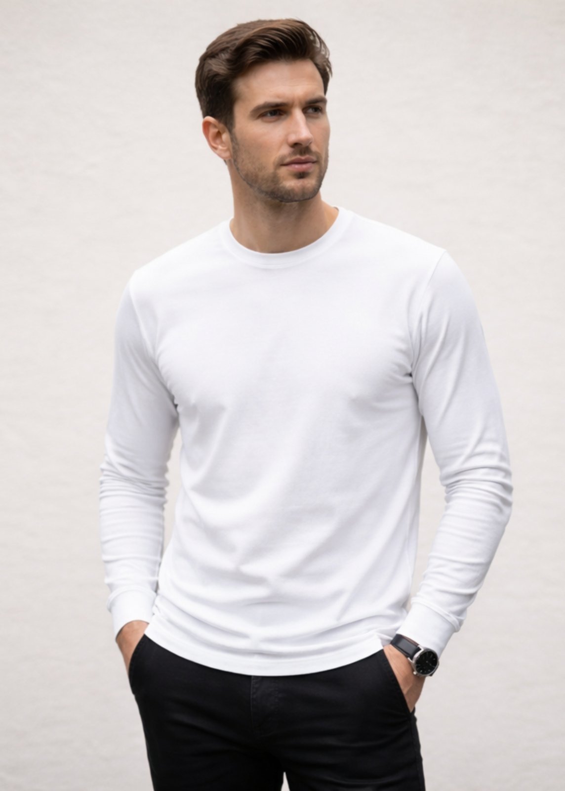 Camiseta Básica Manga Longa Masculina Slim Confortável - Branco