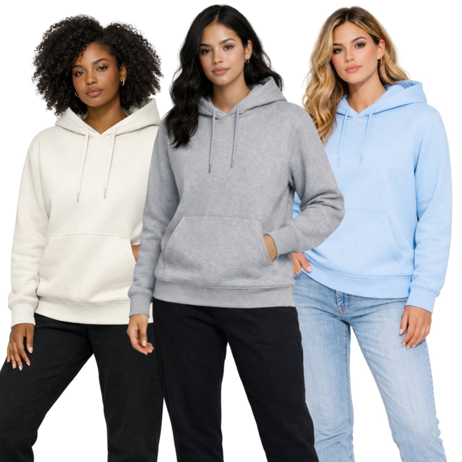 Kit 3 Blusa de Frio Moletom Liso Colorido Feminino Relaxado Com Capuz E Bolso Canguru Estampado Siri2