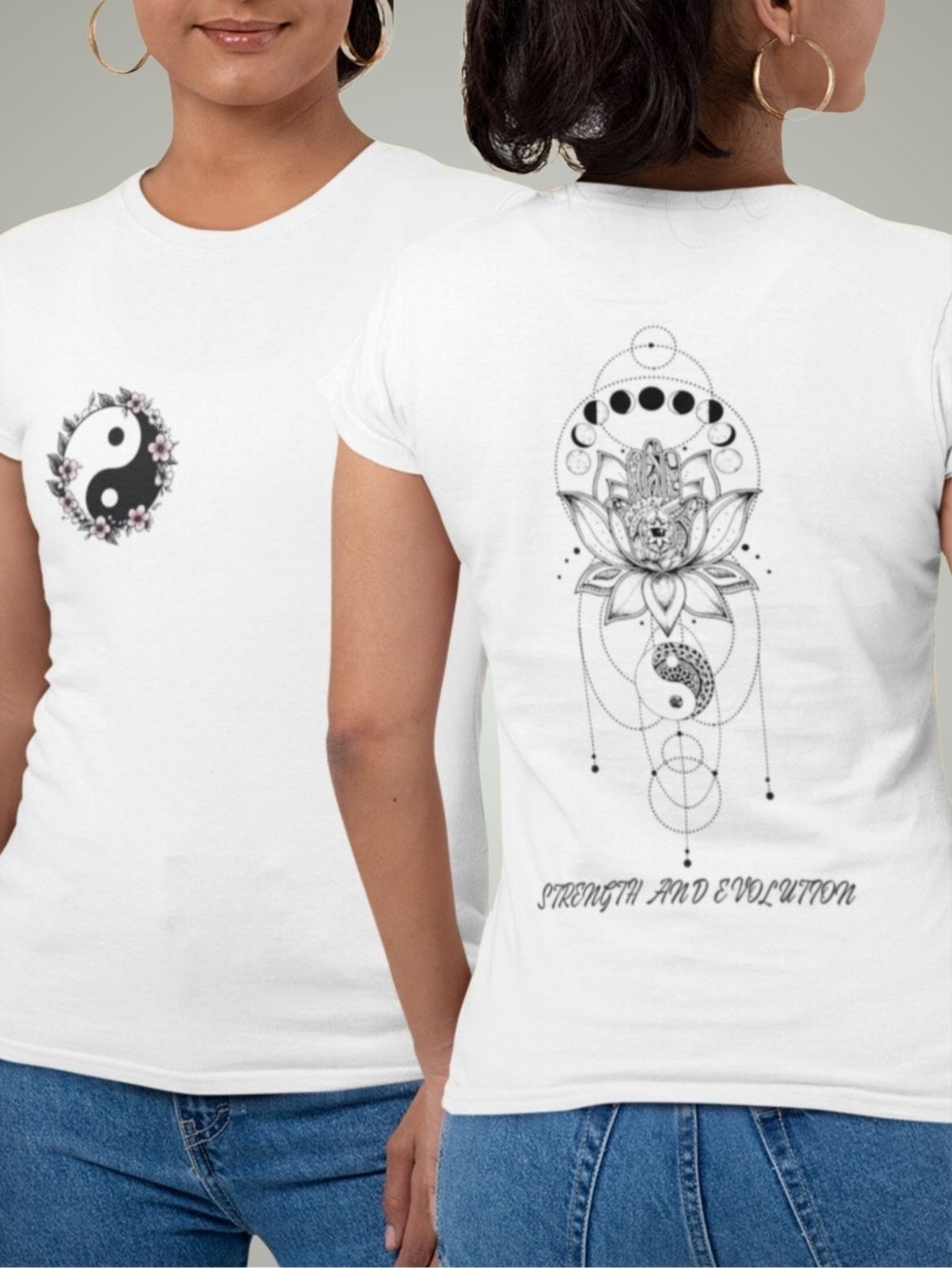 Camiseta Básica Feminina GuGi Flor De Lótus Yin Yang Nas Costas E Frente Branco
