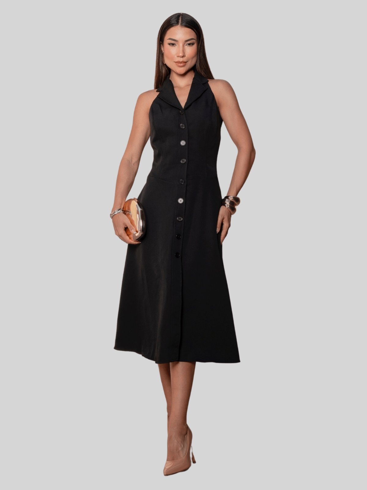 Vestido Miss e Misses Flaviana Midi Aberto C/Botao C/Bolso Preto