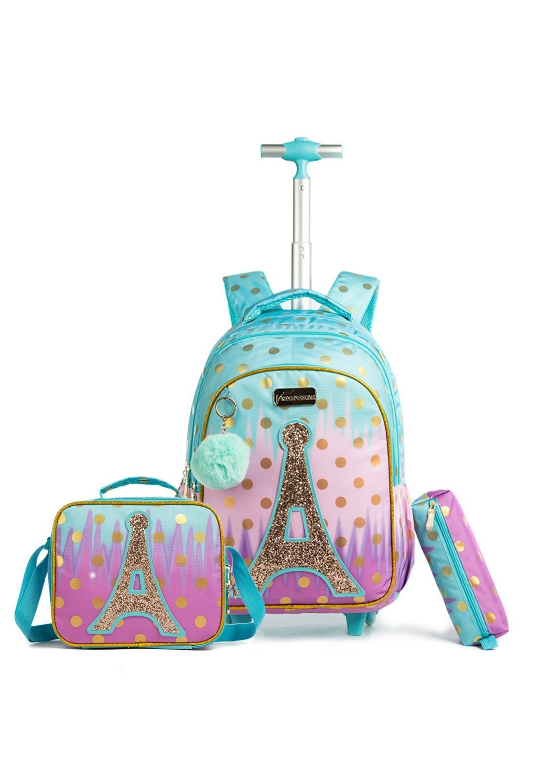 Kit Mochila Rodinha Estojo Lancheira Escolar Multicolor Menina Torre Eiffel