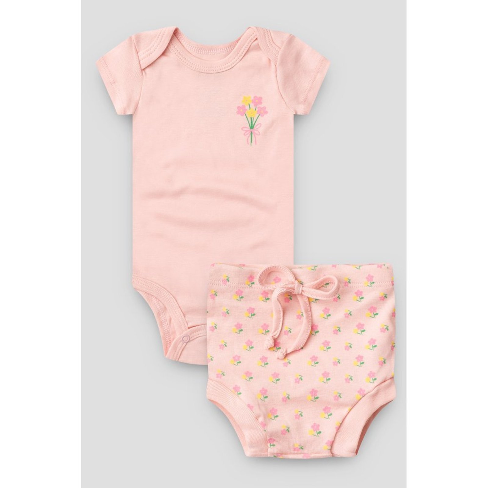 Infantil - Conjunto Body Curto e Tapa Fralda do Papai Rosa Flores