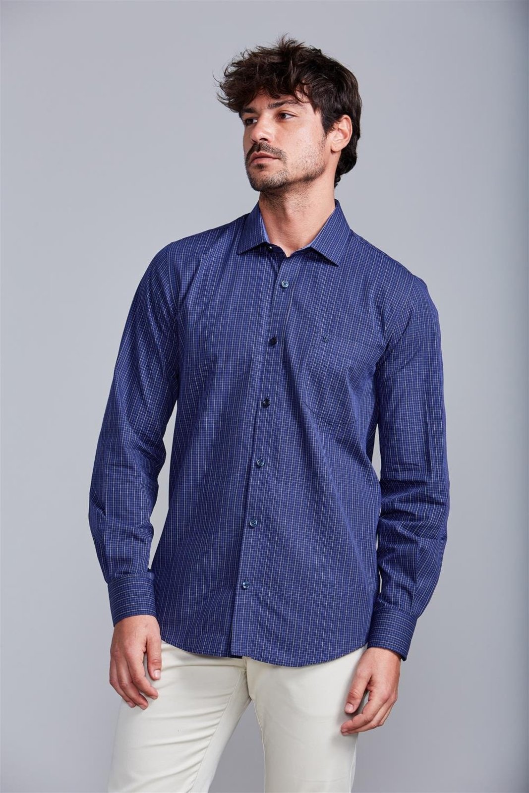 HIGHSTIL Camisa com Bolso Slim Fit Listrada - Azul Marinho