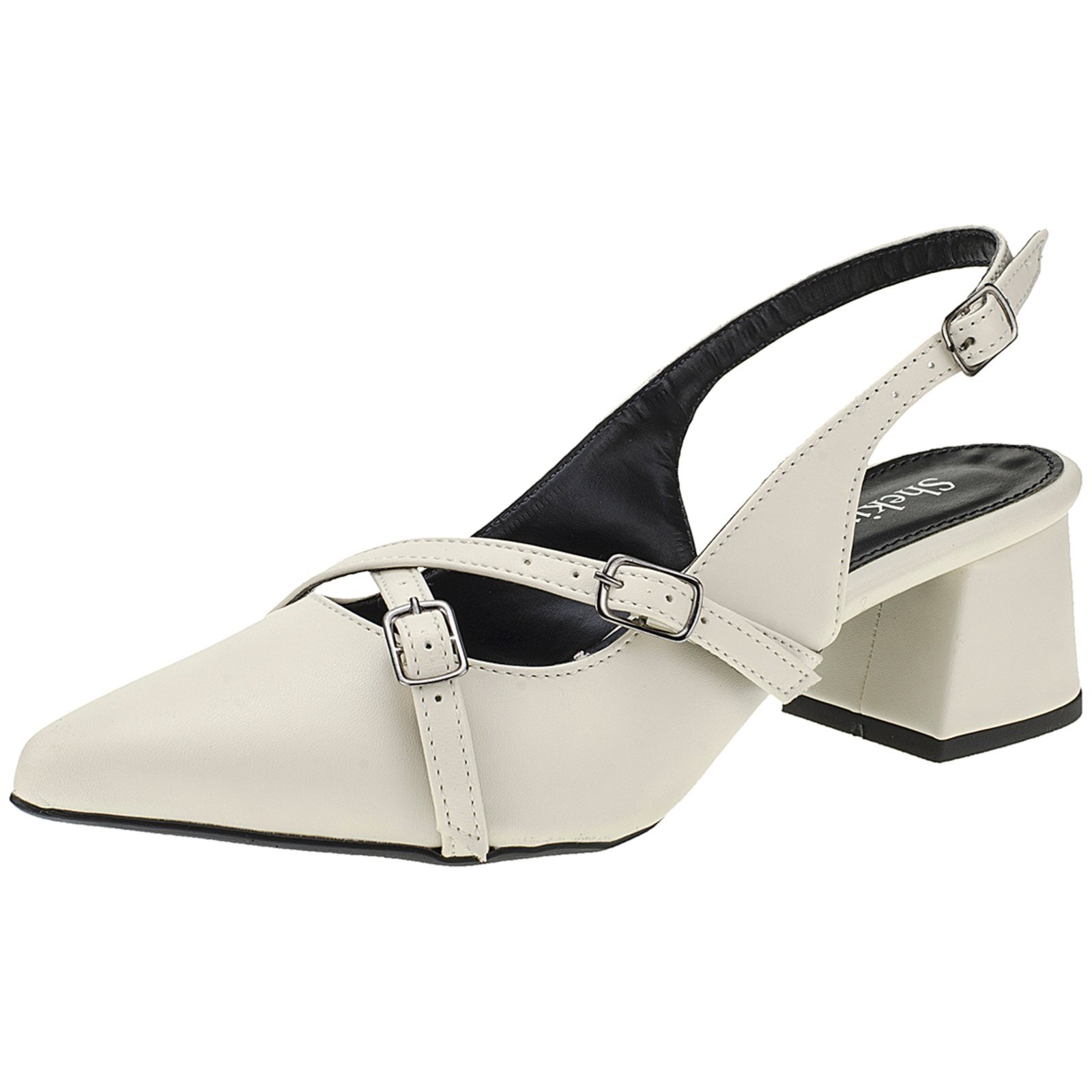 Vista 2 Sapato Scarpin Bico Fino Feminino Salto Baixo Slingback Shekinah Fivelas Confortável Off White off-white white Shekinah off-white white