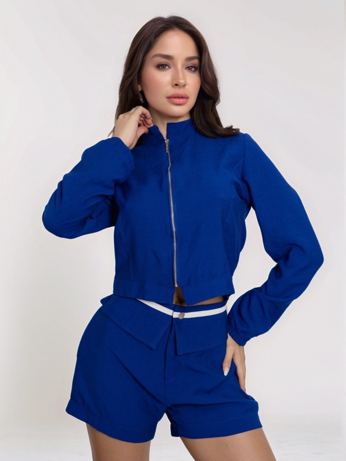 Conjunto Feminino Divina Gata Jaqueta e Shorts Alfaiataria – Azul