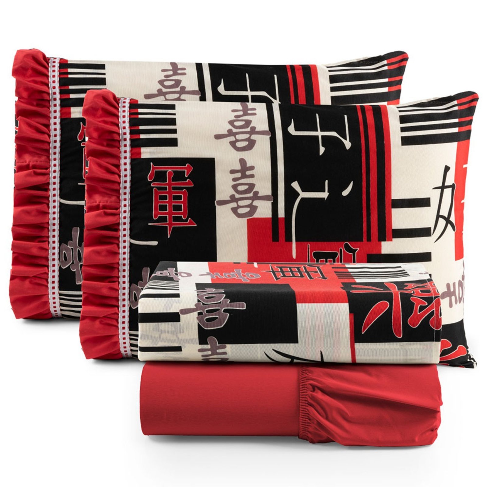 Jogo Cama Lençol Fiore Casa Scarpa Casal Padrão Estampado 180 Fios 100% Algodão com Babadinho 4 Peças Vermelho Oriental Japonês