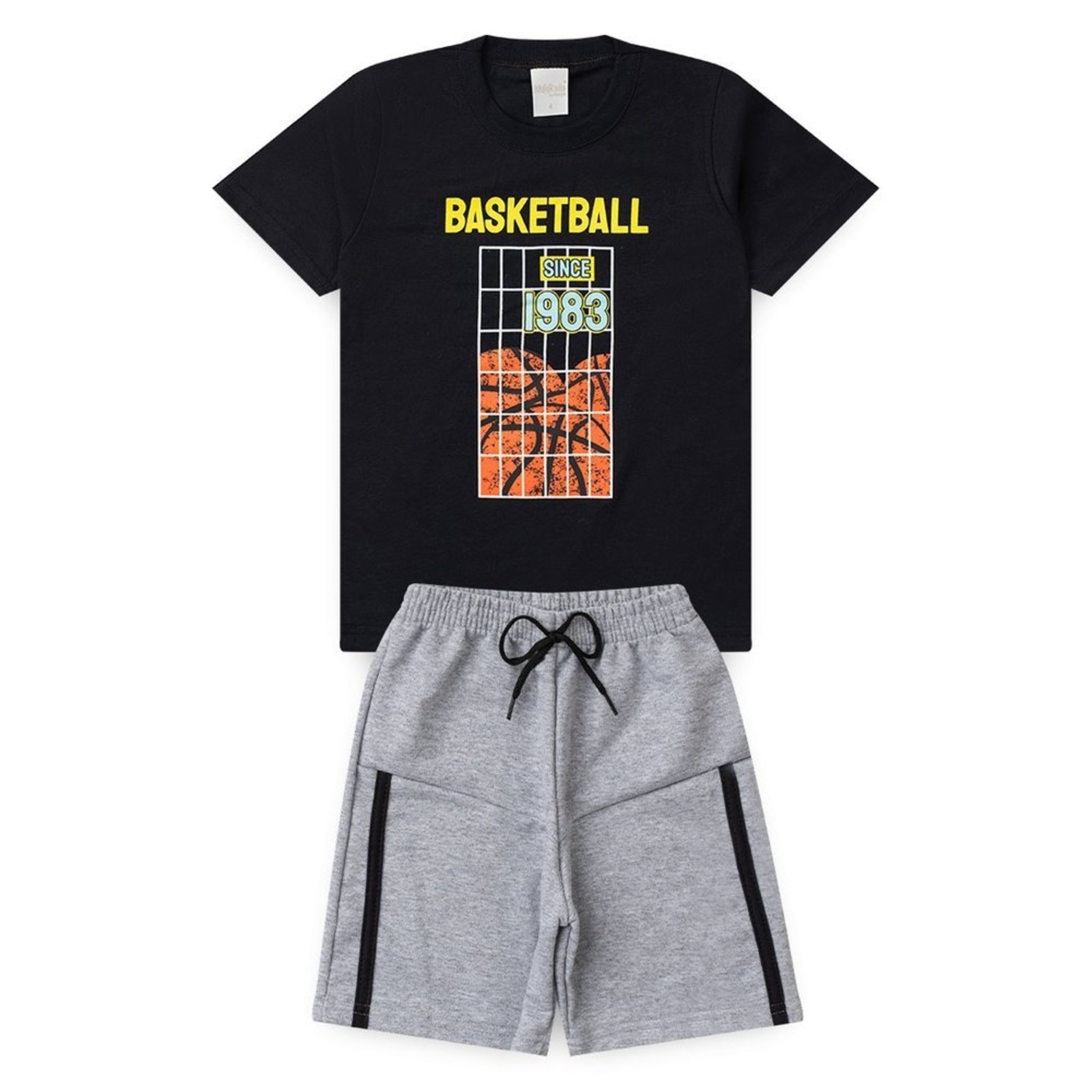 Infantil - Conjunto Verão Menino Preto Camiseta e Bermuda com Recorte Basketball