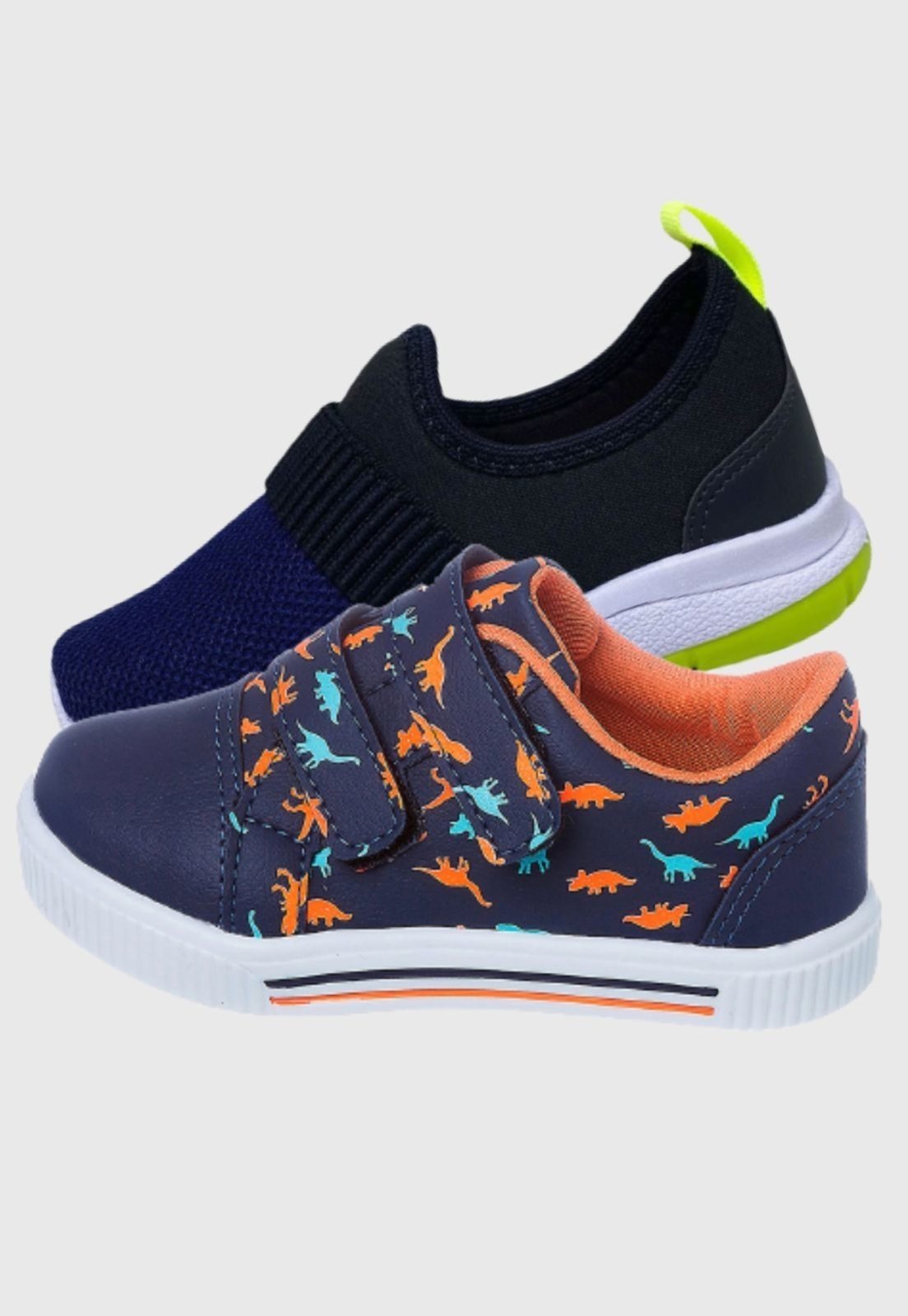 Infantil – Kit 2 Pares de Tênis Masculino Dinossauro e Calce Facil Marinho Preto