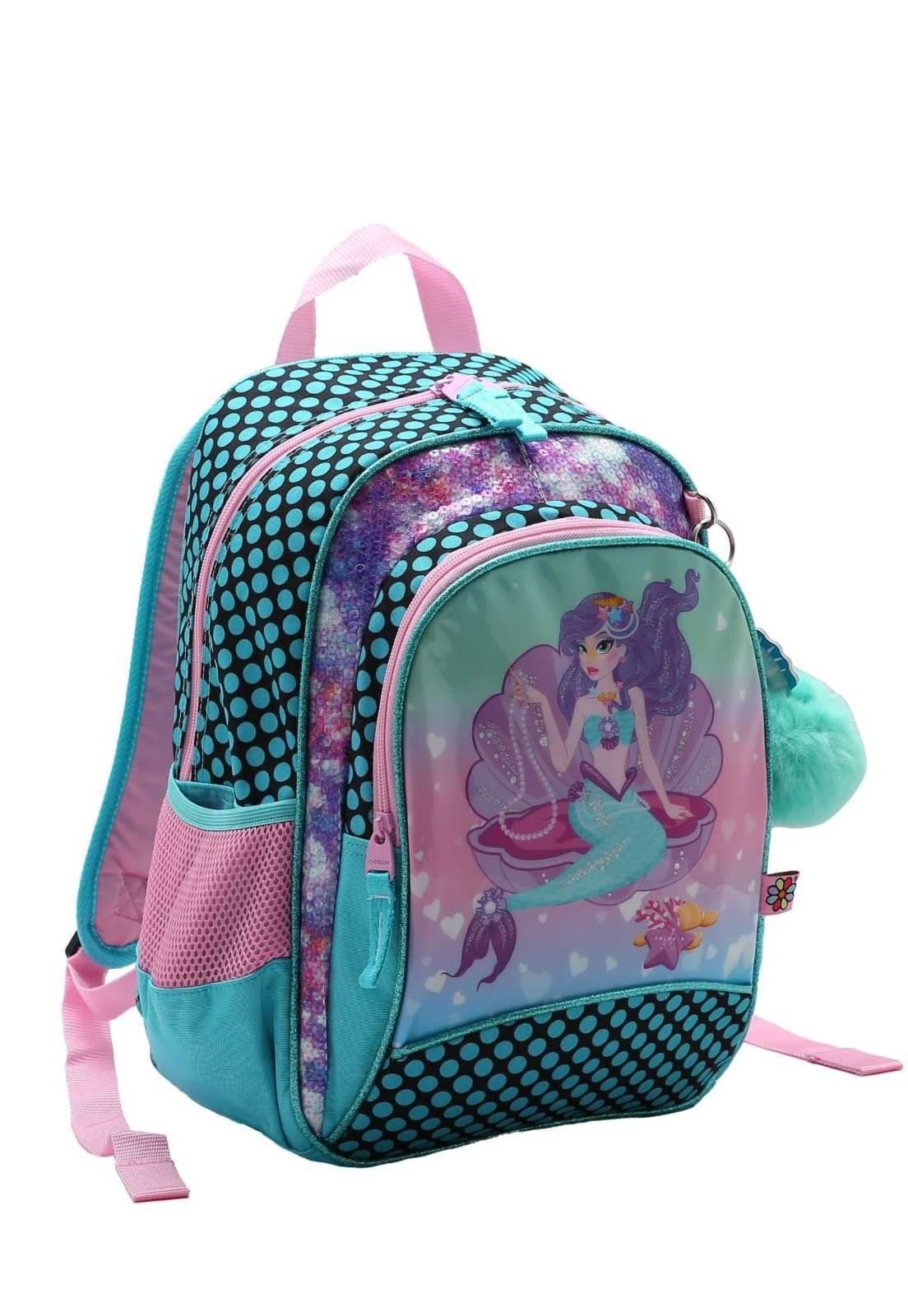 Mochila Escolar Menina Sereia com Pompom