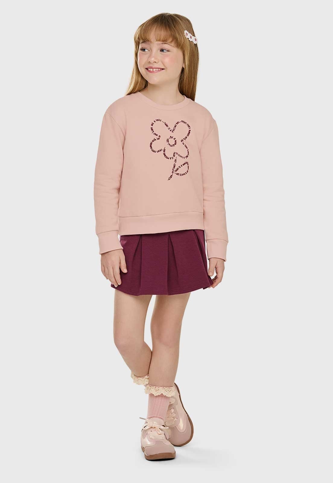 Infantil - Conjunto Elian Saia Plissada e Blusa Manga Longa Rosa