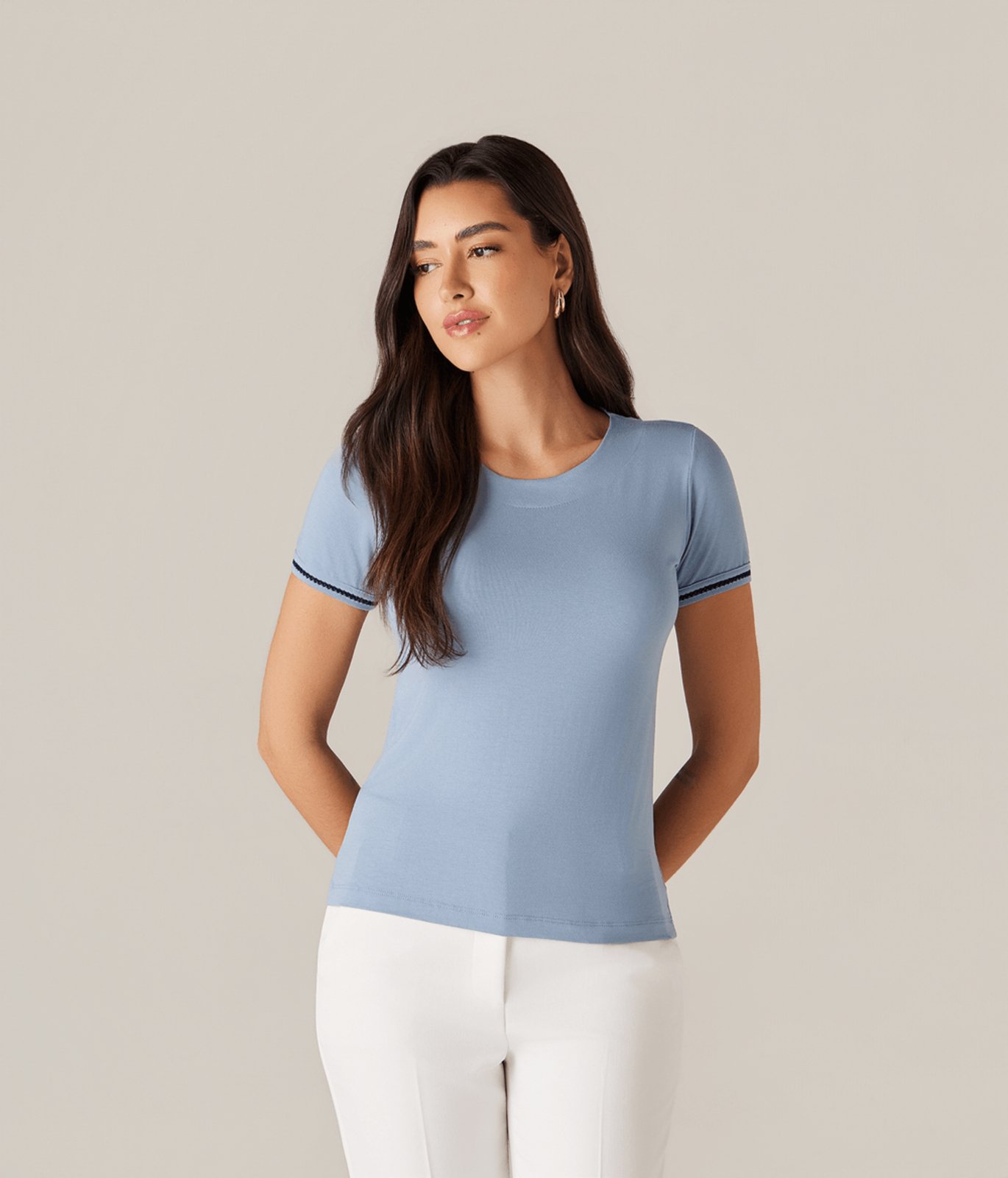 Blusa Malha Bordado Manga Feminina Azul Médio