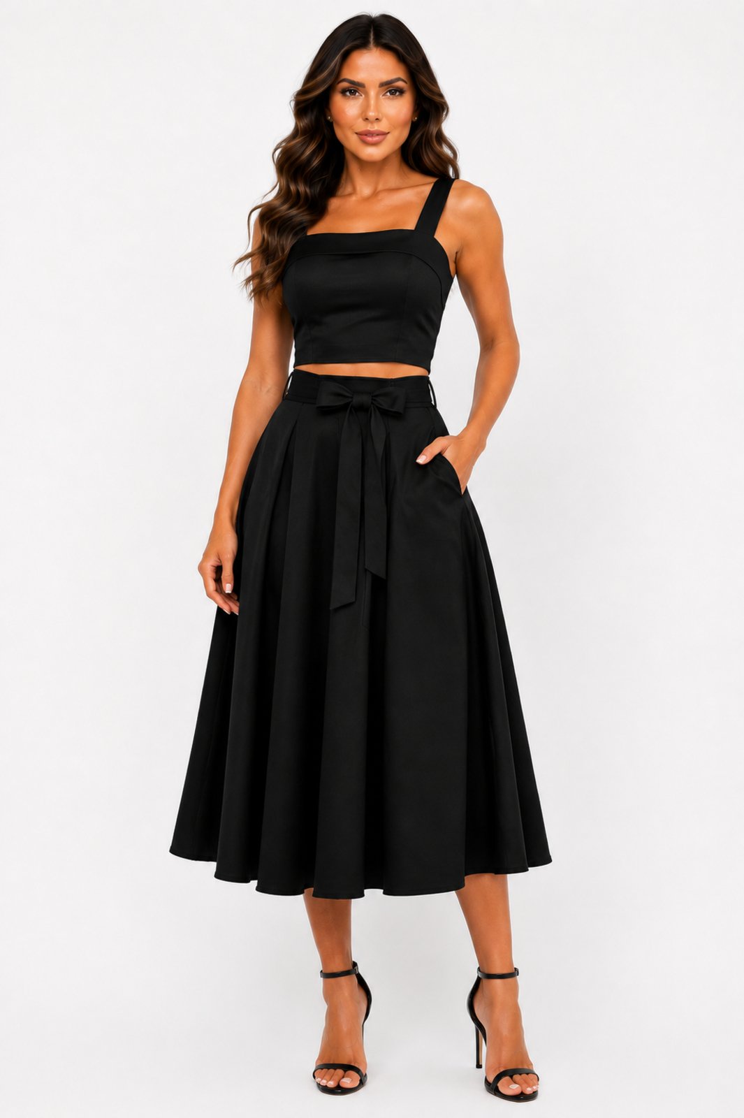 Conjunto D Bell Outlet Fashion Cropped e Saia Midi Preto