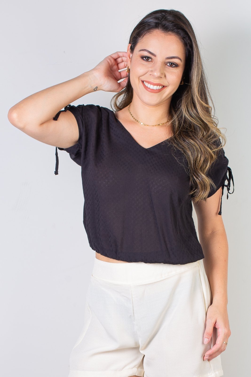Blusa feminina viscose amarração no ombro 70764 – Preto