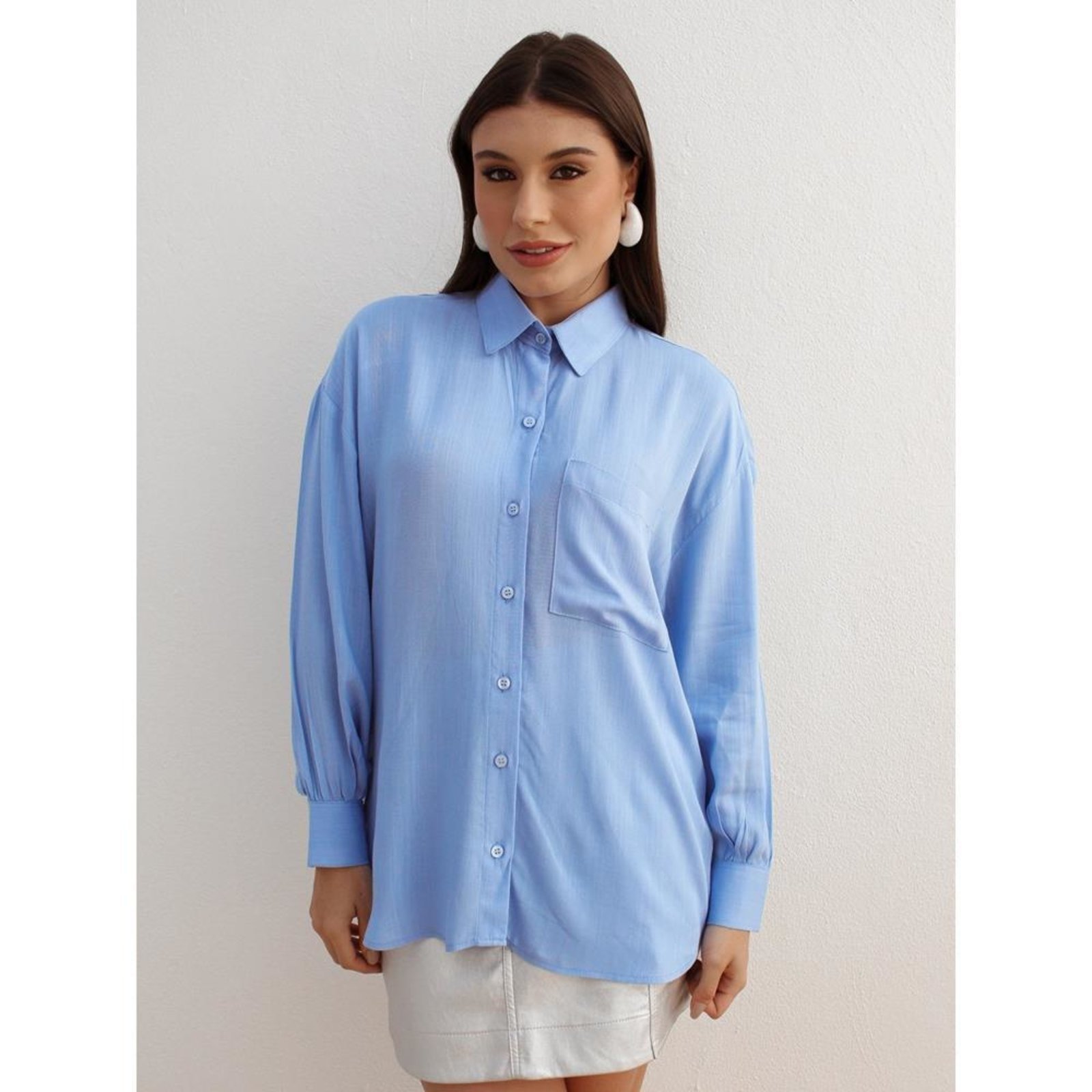 Camisa Feminina Linho Manga Longa Alfaiataria Trama Azul