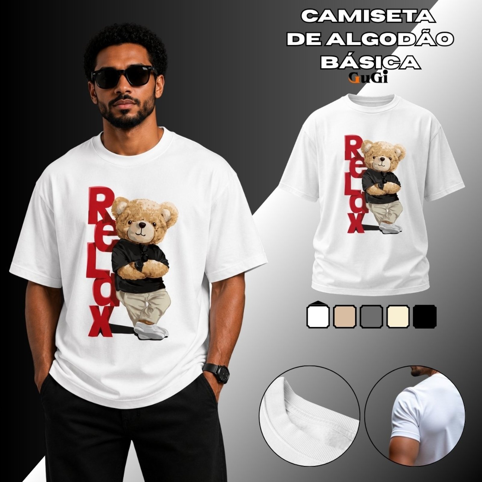 Camiseta Masculina Relax Urso Pelúcia 100% Algodão 30.1 Branco