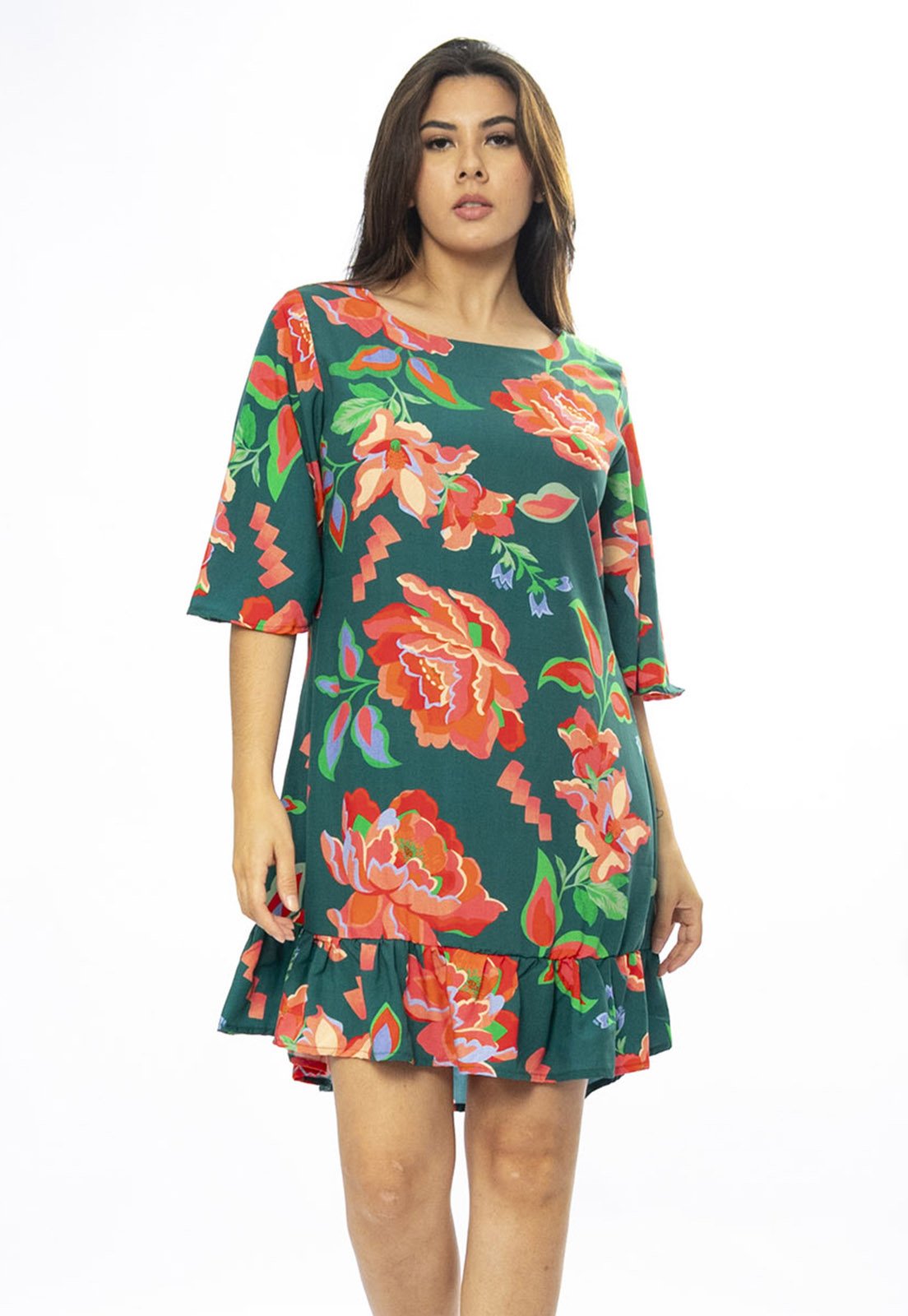Vista 3 Vestido Amazonia Vital Curto Viscose Estampa Explosão Floral Amazonia Vital estampado/laranja/vermelho
