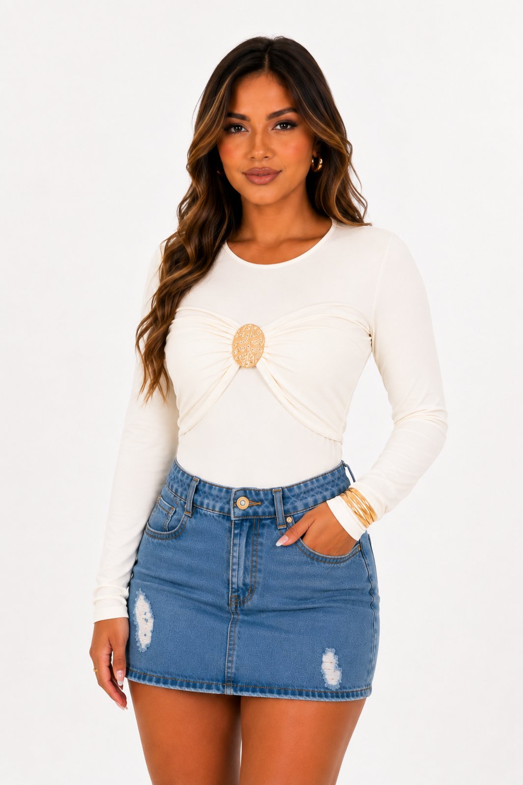 Body Feminino D Bell Outlet Fashion Drapeado Off-White