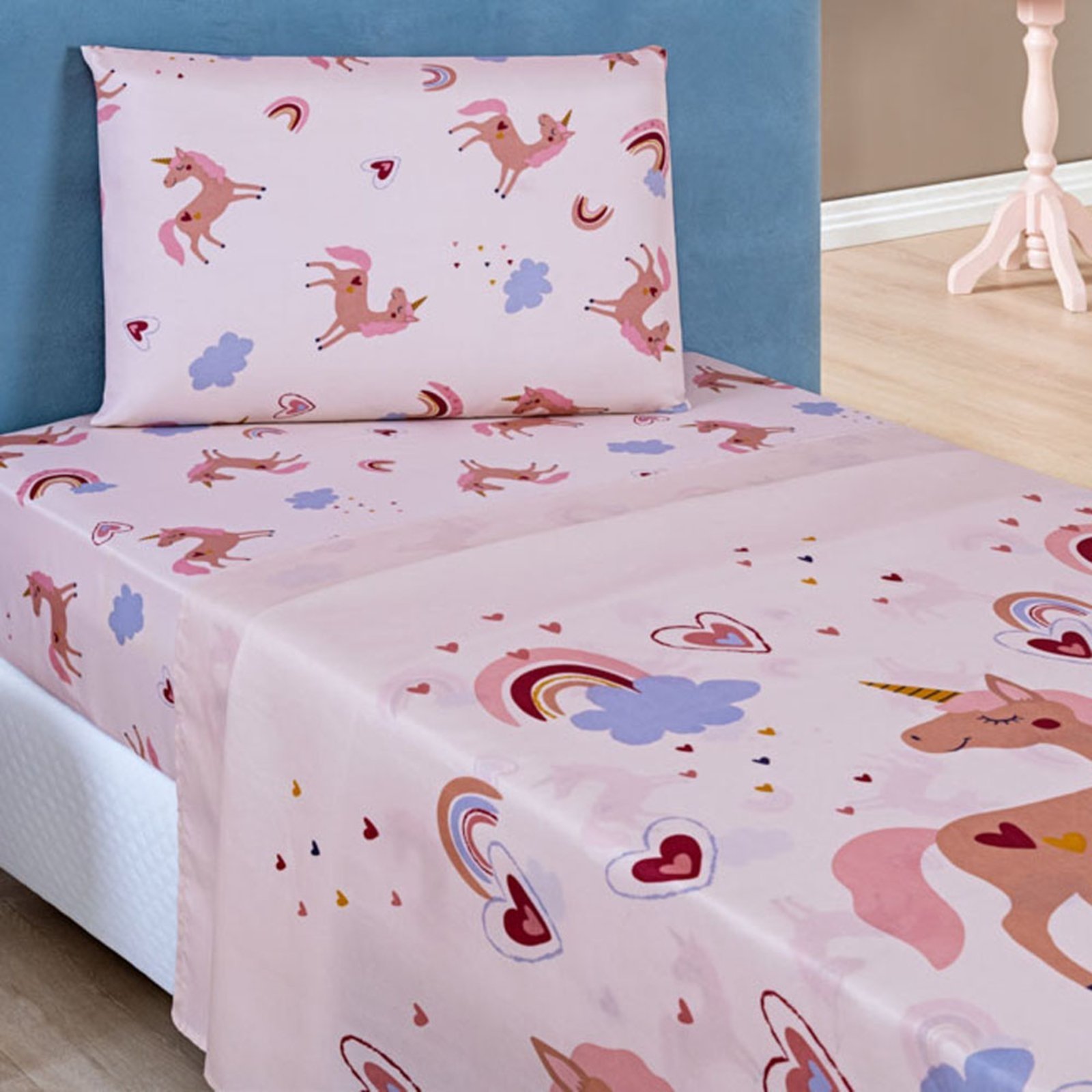 Jogo Cama Lençol Casa Scarpa Fantasy Solteiro Microfibra 3 Peças - Unicórnio - Rosê