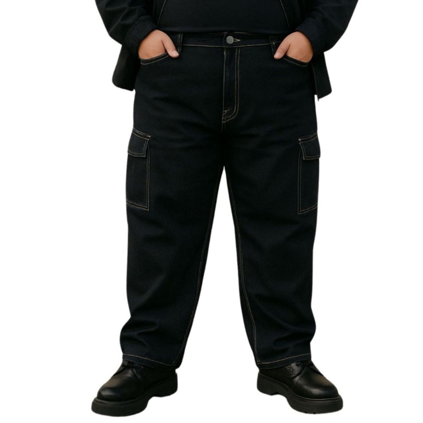 Calça Cargo Plus Size Preta Sarja com Costura Branca Jeans Loka