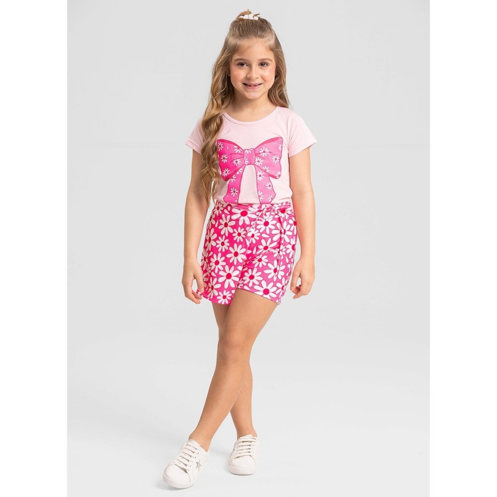 Infantil - Conjunto Verão Menina Rosa Blusa e Shorts Saia Laço de Florzinhas