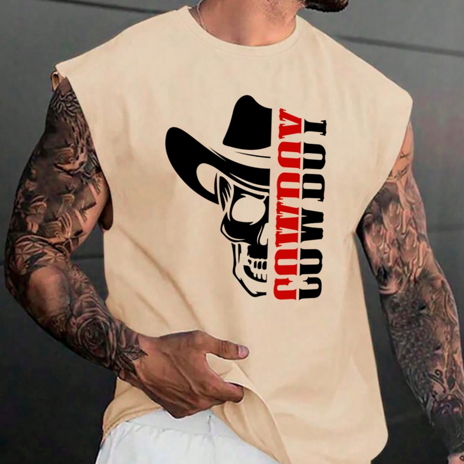 Camiseta Regata Machão Country Skull Visual Autêntico Cowboy Masculina Off White