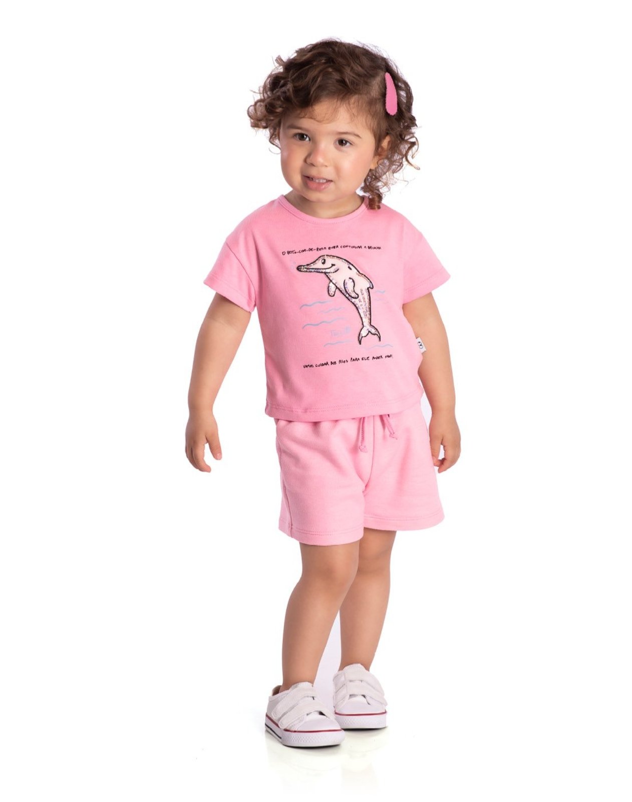 Infantil - Conj. blusa manga curta boto-cor-de-rosa + shorts moletinho rosa