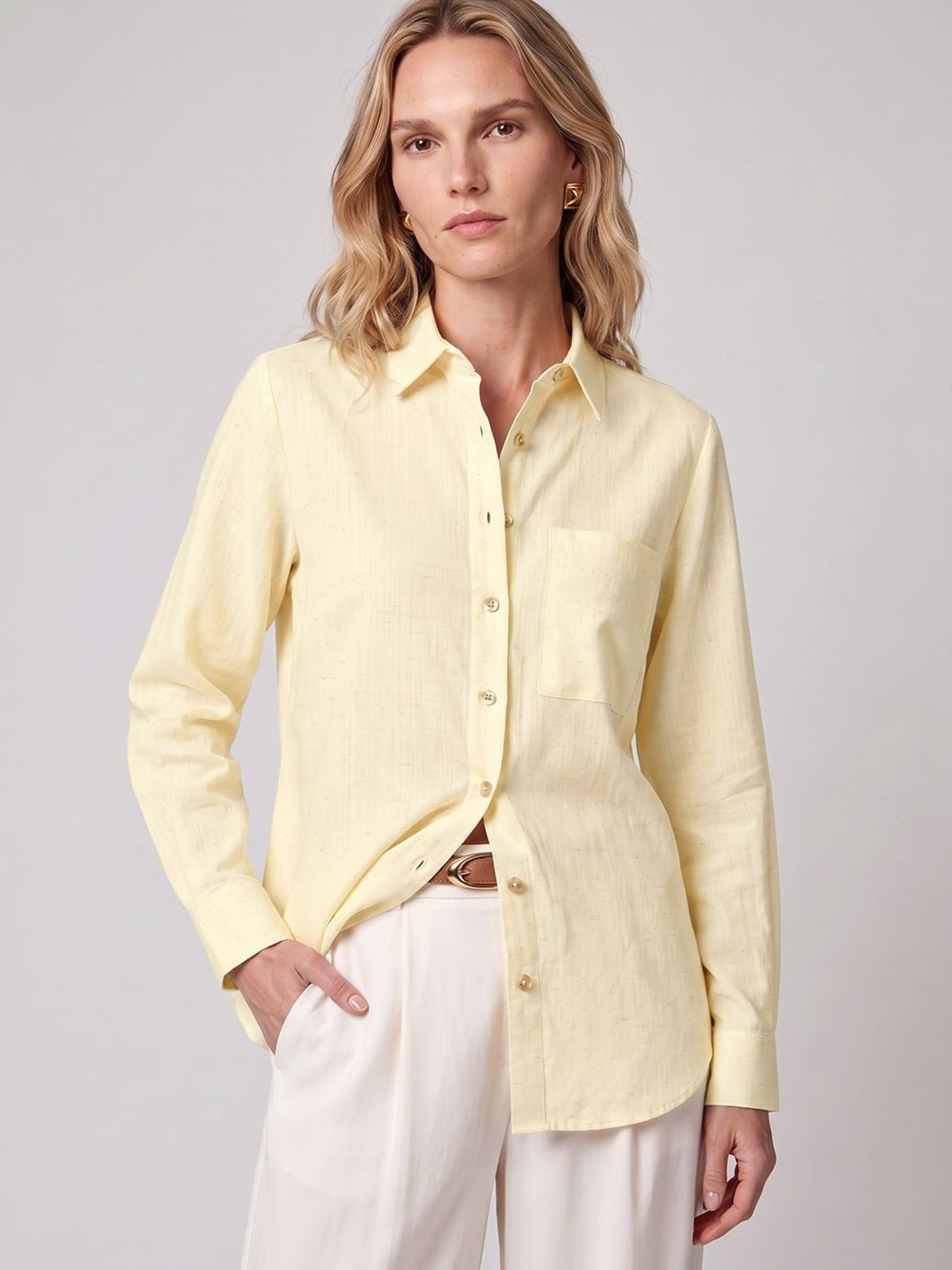 Camisa Manga Longa Oversized em Linho Amarelo Baunilha Kali